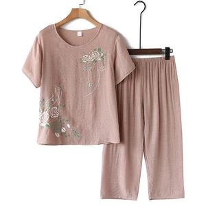 Home Mom Nightie Linen Cotton Female Colorful Set Of Two Fashion Pieces Short Sleeve Casual Brief Loose Women Pajama Big Size 210809