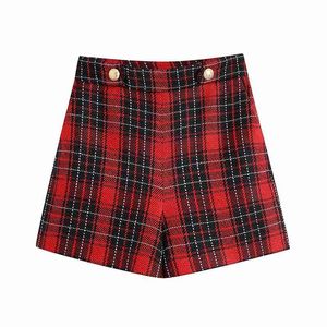Vintage Kvinnor Elegant Tweed Shorts Spring-Höst Mode Ladies Red Plaid Patchwork Kvinna Chic 210430