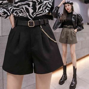 Autumn Winter Sexy Black Women Shorts Wide Leg High Waist For Pockets Loose Casual With Chain 11367 210508