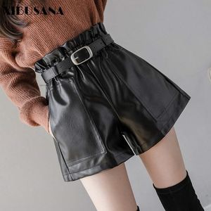 Mode Herbst Breite Bein Kurze Elastische Hohe Taille Mit Gürtel Lose Weibliche Shorts Casual Solide A-linie Breite Bein Hosen 210423