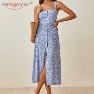AELEGANTMISシングルブレストスパゲッティストラップフローラルスプリットドレス女性スクエアカラーノースリーブ長い夏の薄いセクシー210607