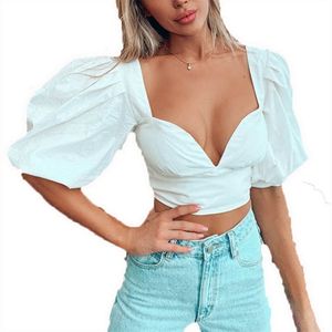 Puff Sleeve Low-Cut V-Neck Sexig Crop Top Tshirt Summer White Short Ruched Backless T-shirt Casual T Shirt Blanc Femme 210604