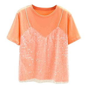 T-shirts Frauen Mode Pailletten Kurzarm T-Shirt Frauen Tops Zwei Teiler Nacken Orange Sling Lässig 61i 210420