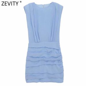 Zevity Donna Moda Tinta unita Pieghettato Mini abito estivo Donna Chic O Collo senza maniche Gilet in chiffon Abiti da festa DS8500 210603