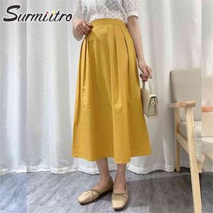 Super qualidade primavera verão saia longa mulheres estilo coreano amarelo estética cintura alta midi plissado fêmea 210421