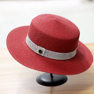 Women Fashion Raffia Sun Hat Rhinestone Solid Color Jazz Hats Outdoor Beach Vacation Caps Casual Flat Straw Cap