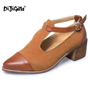 Klänning Skor Dijigirls British Style Women Low Heel Pumps Cut-Outs Imitera PU Retro Wood Square Oxford för damer