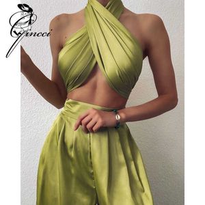 GINCCI Slik Elastic Strapless Tracksuit Sexy Two Piece Set Women Halter Cross Backless Top And Wide Leg Pant Suit Summer Outfits Y0625