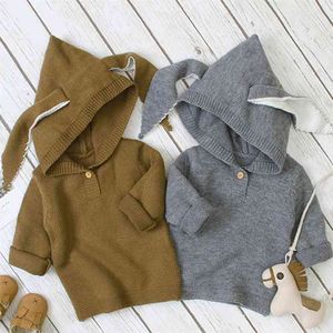 男の子の女の子秋冬長袖フード付きウサギの耳ニットセーター男の子の女の子子供服210521のための純粋な色のセーター