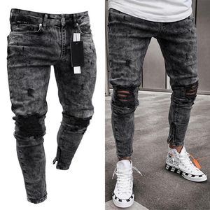 Mäns jeans smal passande stretch denim byxor svarta rippade fotmunnor blixtlås streetwear män byxor höst vinterkläder