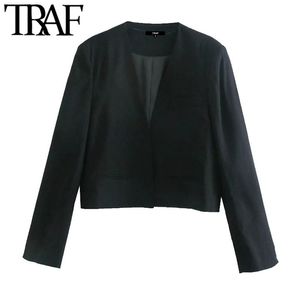 Women Fashion With Vents Cropped Blazer Coat Vintage V Neck Long Sleeve Female Outerwear Chic Veste Femme 210507