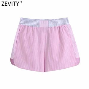 Zevity 여성 패션 패치 워크 스트라이프 프린트 캐주얼 여름 반바지 숙녀 세련된 탄성 허리 핑크 컬러 Pantalone Cortos P1029 210603