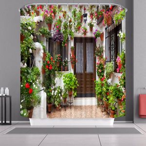 Dusch gardiner Gammal gata blommor europeisk trädgård gardin badrum vattentät d tryckt bad med krokar polyesterduk