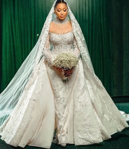 2022 Plus Size Arabic Aso Ebi Luxurious Mermaid Wedding Dress Beaded Sequins Long Sleeves Bridal Gowns Dresses ZJ227