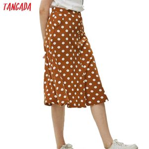 Tangada Vintage Polka Dotプリントスカート韓国のファッションレディースミディスカートBOHOポケットボタンスカートQJ26 210609