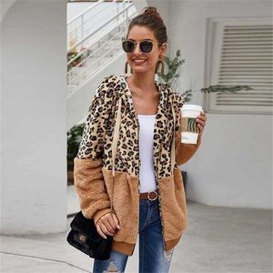 Cappotto in pelliccia sintetica autunnale da donna Leopard Teddy Ladies Plush Hooded Winter Fluffy Jacket Female 211129