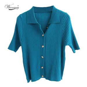 Summer Women Short Sleeve Collared Button Up Crop Top Buttons T-Shirt B-049 210720