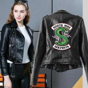 Riverdale Women PU Short Belt Jacket Motorcycle Crop Tops Southside Serpents Artificial Leather Full Sleeve Slim Black Coats 211011