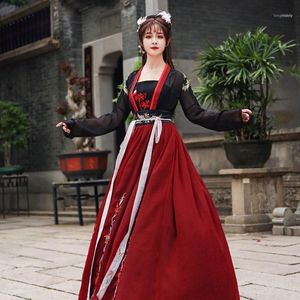 中国のTraditioAnl服のための女性の妖精の民俗ダンス衣装東洋刺繍ハンフブラックと赤の段階のパフォーマンスoutfit1