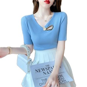 슬림 박힌 반팔 스웨터 여성의 솔리드 컬러 히징 티셔츠 여름 한국 패션 의류 210520