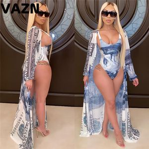 Vazn 2020 Summer Beach Wind Top Pant Matching Sats Sexy Club Födelsedag Outfits Sexig Pattern Print Mesh Spliced ​​Two Piece Set x0428