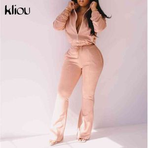 Kliou Solid Casual Set da due pezzi Donna Cerniera Manica lunga Top e pantaloni svasati con fasciatura Set coordinato Abiti da allenamento attivi primaverili X0428