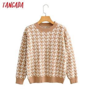 Tangada women Houndstooth knitted sweater jumper autumn winter thick long sleeve female pullovers casual tops 2X05-1 210609