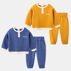 Outono Primavera Casual 2-10 Anos Algodão Confortável Color Patchwork O-pescoço Suéter + Calças Esportes Set para Crianças Baby Boys 210529