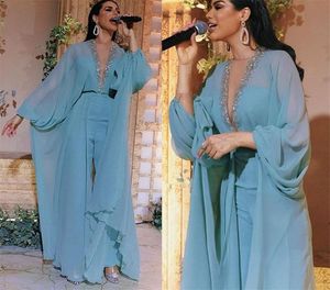 Aso Ebi Jumpsuits Prom Dresses Sexy Sky Blue Szyfon Zroszony Głębokie V Neck Długie Rękawy Wieczór Formalne Party Suknie Pant Suit