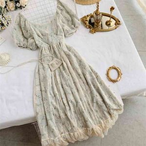 Summer Women French Romantic Maxi Dress Green Apricot Floral Printed Lace Ruffles Puff Sleeve Sweet Fairy Party 210529