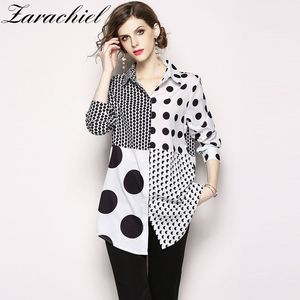 Moda polka dot impressão mulheres manga longa girar para baixo colarinho chiffon blusa verão escritório solto camisa top 210416