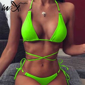 In-X Sexy bikini verde neon Costume da bagno push up femminile costumi da bagno donna String Swim balneazione bagnanti estivi 210629