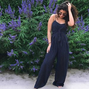 Women Jumpsuit Striped Sling Low Chest Front Bow Slim Tops Loose Wide Pants Outfit Hollow Back Wild Fashion Summer Playsuit 210527