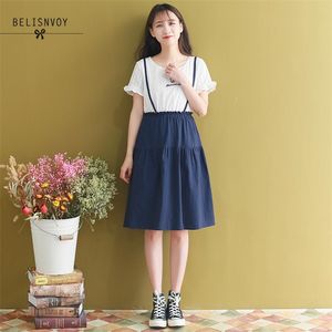 Japanische Sommer Mori Mädchen Marineblau Rosa Kleid Stickerei Kawaii Frauen Kurzarm Gefälschte Zwei Stücke Kleider Weibliche Nette Vestidos 210520