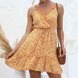 High Street Lato Sexy Halter Floral Print Mini Dress Vintage Bez Rękawów Sukienka Beach Casual Party Ruffles Sukienka Dla Kobiet 210514