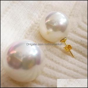 Stud Earrings Jewelry 18Mm White Shell Pearl Gold Round Ball Beads Natural South Sea Woman 210323 Drop Delivery 2021 D6Ozp