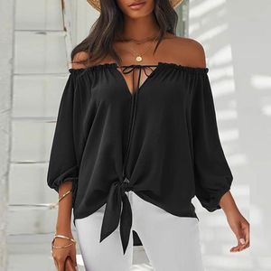 Damblusar Skjortor Kontor Dam Blus med randigt tryck Sexig pendlingsfluga Slash Neck Off Shoulder Halv ärm Elegant Topp Blusas 40#