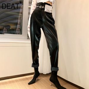 ハイウエストプリーツソリッドブラックパンツレギンスファッションモールゴスY2K洋服ハーランレザー女性春GX211 210421