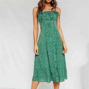 Summer Women Vintage Casual vestidos festa fungus trim lace sling floral green dress long lady Beach maxi es 210508