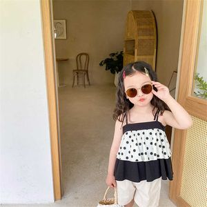 Estate Neonate Patchwork Dot T-shirt senza maniche Stile coreano Bambini Allentato Casual Bretella Tees Top 210615