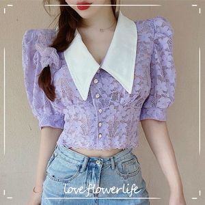 Summer French Bubble Short-Sleeved Blouse Lace Korean Style Casual Puff Sleeve Chiffon Cardigan Women's Thin Shirt Top 210521