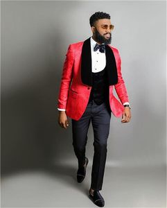 古典的なスタイルワンボタン赤いPaisley新郎Tuxedos Shawl Lapelウェディング/プロム/ディナー新郎の男性スーツBlazer（ジャケット+パンツ+ネクタイ）W1488