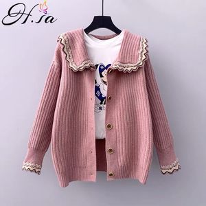 H.Sa Kobiety Peter Pan Collar Słodkie Luźne Koreańskie Sweter Płaszcz Przycisk Pink Knit Jacket Poncho Femme 210417