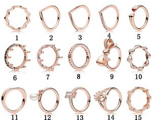 Projektant Biżuteria 925 Srebrny Pierścień Ślub Koralik Fit Pandora Rose Gold Crown Heart Serce Łuk Otwarty Para Cyrkonia Diamenty Europejskiej Styl Pierścionki Urodziny Panie Prezent