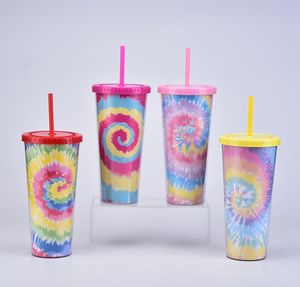 24 oz Tie-Dye-Becher mit Deckel und wiederverwendbarem Strohhalm. Bunter, doppelwandiger, isolierter Reisebecher