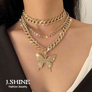JShine Fashion Butterfly Chain Iced Out Cuban Link Chain Big Butterfly Pendants Necklace Women 2021 Chocker Statement Jewelry X0509
