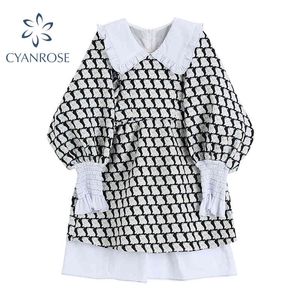 Spring Cat Print Dresses Sweet Lantern Long Sleeve Mini Dress Preppy Style Cute Ruffle Spliced Vestidos Fashion Vintage 210417