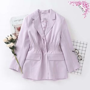 Wiosna Dorywczo Kobiety Blazer Kurtka Elegancka Purple Fold Waist Office Lady Suit Siatek Outwear Ladies 16Q542B 210510