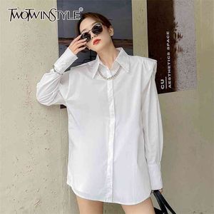 Белые повседневные лоскутные рубашки цепи для женщин отвороты с длинным рукавом минималистский прямые блузки женская весна 210524