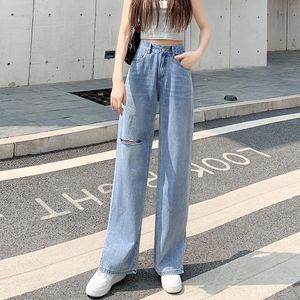 Higher Waisted Jeans toptan satış-Kadın kot kadınlar yaz show yüksek belin ince kesiti düz gevşek rahat pantolon daha yüksek bölünmüş paspas geniş bacaklı